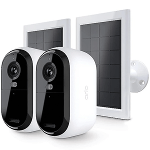 Two security cameras with companion solar panels for sustainable outdoor surveillance.