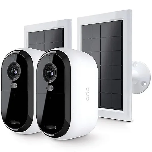 Two security cameras with companion solar panels for sustainable outdoor surveillance.