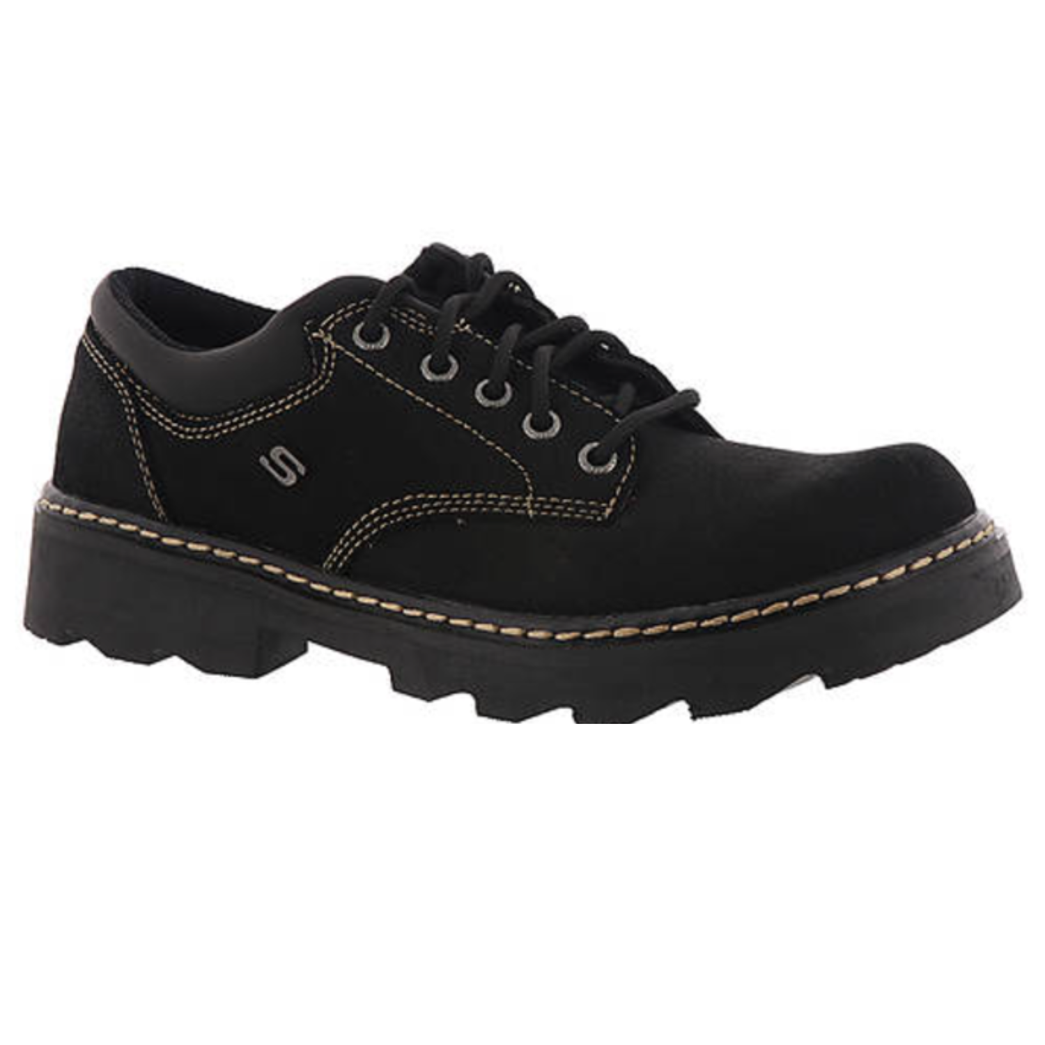 Black casual oxford-style Skechers USA Parties Mate Shoes featuring a suede upper, metal eyelets, and thick rubber soles with visible stitching.