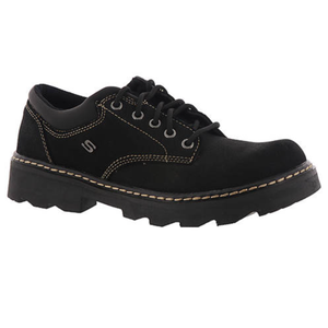 Black casual oxford-style Skechers USA Parties Mate Shoes featuring a suede upper, metal eyelets, and thick rubber soles with visible stitching.