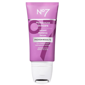 No7 Menopause Skincare Instant Radiance Serum is suitable for sensitive skin, co-created with menopausal women, promising proven results. Housed in a purple tube with a white cap.