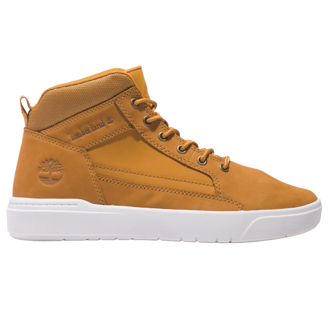 Timberland high-top sneaker in tan leather with a white rubber sole, featuring metal eyelets and the Timberland logo embossed on the side and heel.