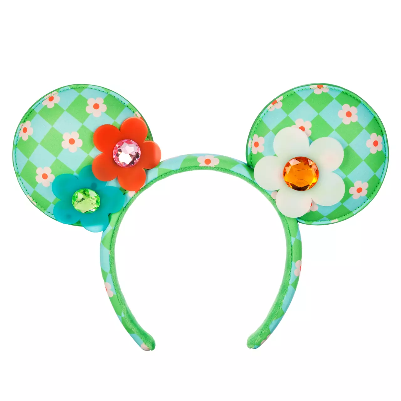 Green headband with Mickey Mouse ears patterned with a diamond and floral design, adorned with colorful flower appliqués and gemstones.