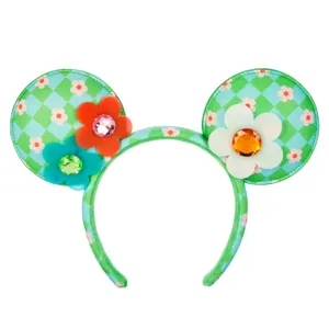 Green headband with Mickey Mouse ears patterned with a diamond and floral design, adorned with colorful flower appliqués and gemstones.