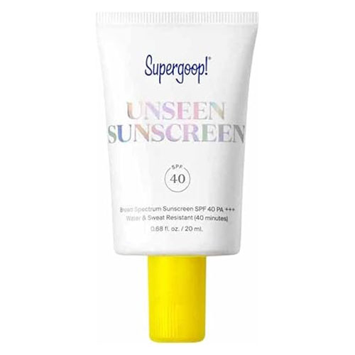 Supergoop! Unseen Sunscreen, SPF 40, 20 ml, broad spectrum, SPF 40 PA+++, water and sweat resistant for 40 minutes, with a yellow cap and iridescent lettering on the tube.