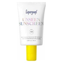 Supergoop! Unseen Sunscreen, SPF 40, 20 ml, broad spectrum, SPF 40 PA+++, water and sweat resistant for 40 minutes, with a yellow cap and iridescent lettering on the tube.