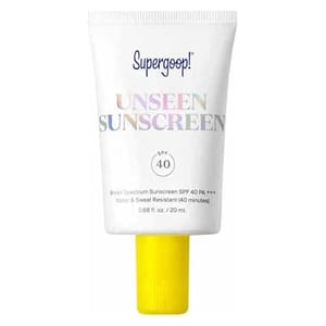 Supergoop! Unseen Sunscreen, SPF 40, 20 ml, broad spectrum, SPF 40 PA+++, water and sweat resistant for 40 minutes, with a yellow cap and iridescent lettering on the tube.
