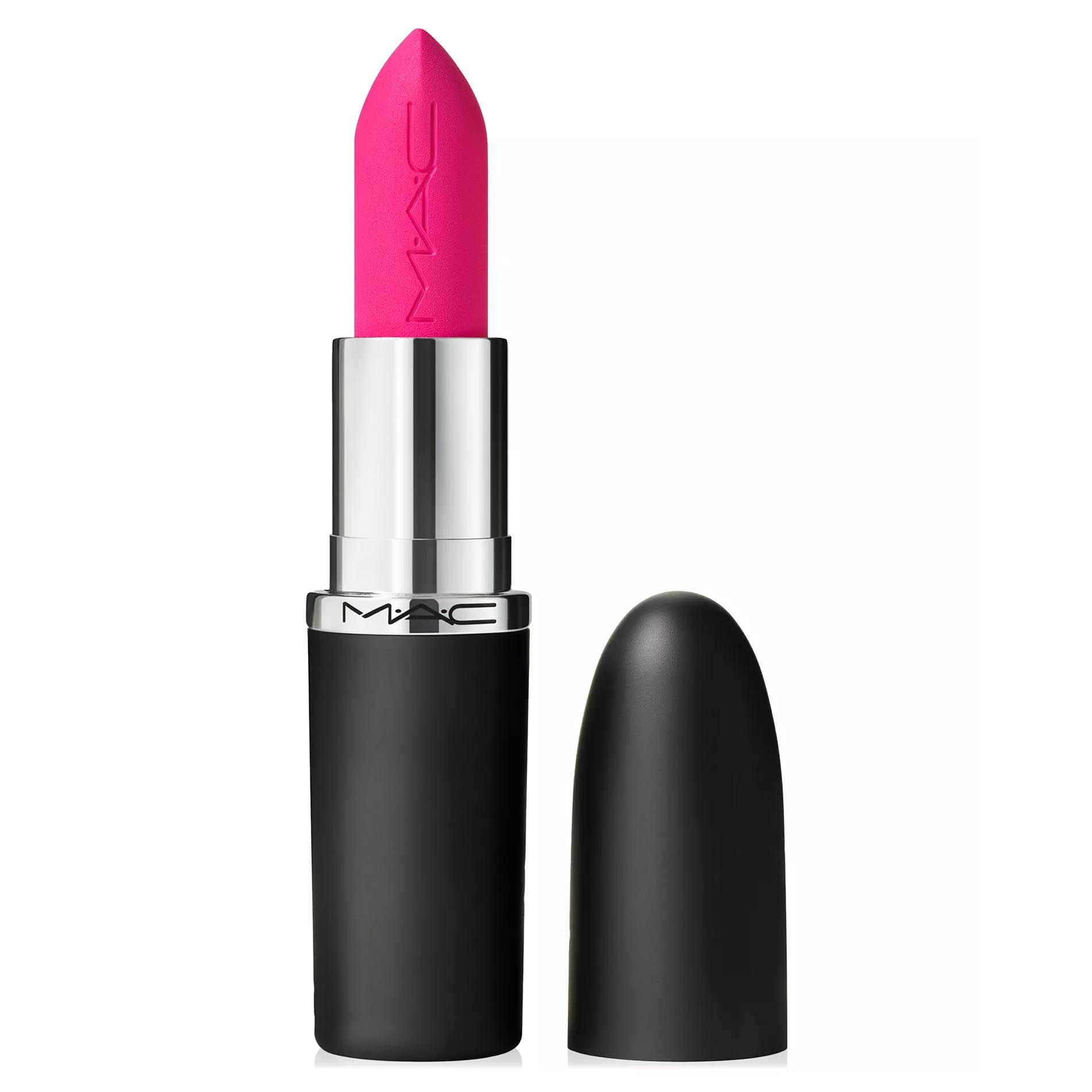 Bold pink lipstick in black packaging with a detached cap, featuring the MAC logo on the tube.