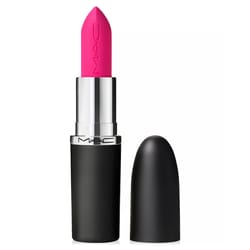 Bold pink lipstick in black packaging with a detached cap, featuring the MAC logo on the tube.