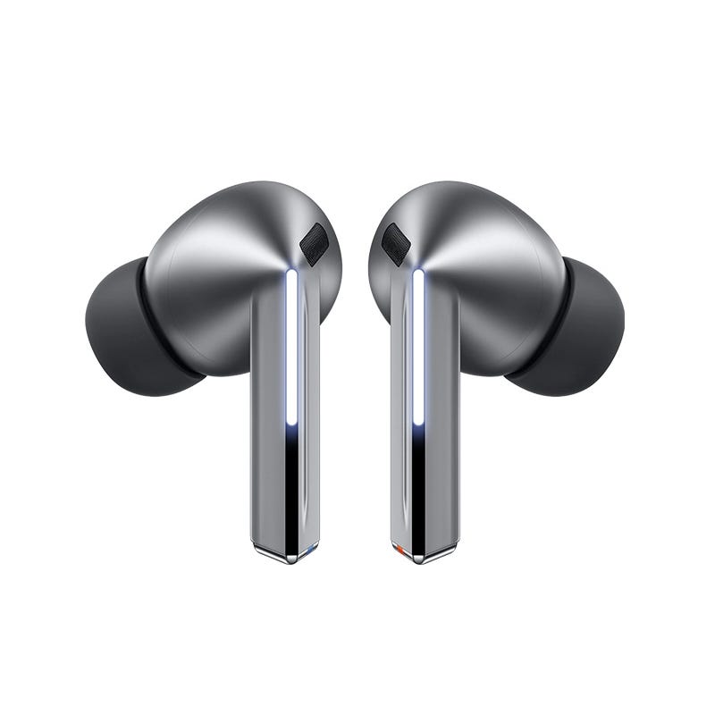 Wireless earbuds with a sleek gray design and in-ear tips, featuring visible LED indicators on the stems.