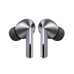 Wireless earbuds with a sleek gray design and in-ear tips, featuring visible LED indicators on the stems.
