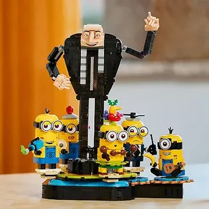 The Lego set features a brick-built version of Gru and four Minions characters, each with distinct, playful designs and accessories.