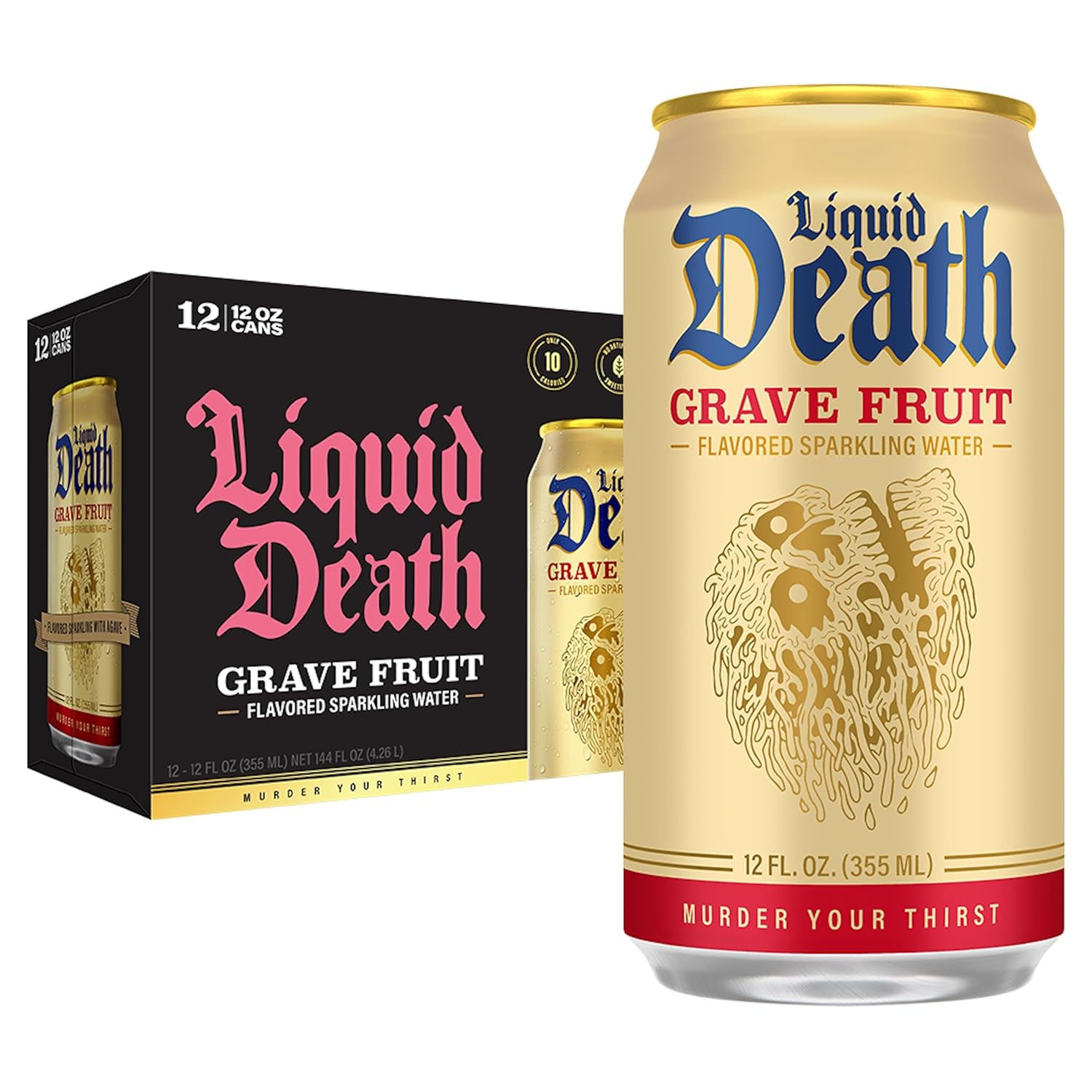 12-pack of Liquid Death Grave Fruit flavored sparkling water in 12 fl. oz. cans, featuring a bold design with the slogan \“Murder Your Thirst\“ and packaged in a black box.