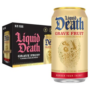 12-pack of Liquid Death Grave Fruit flavored sparkling water in 12 fl. oz. cans, featuring a bold design with the slogan \“Murder Your Thirst\“ and packaged in a black box.