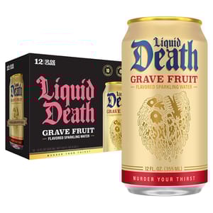 12-pack of Liquid Death Grave Fruit flavored sparkling water in 12 fl. oz. cans, featuring a bold design with the slogan \“Murder Your Thirst\“ and packaged in a black box.