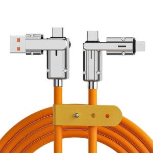 A 4-in-1 USB charging cable featuring a robust orange wire with metallic connectors, consisting of a USB-A plug, USB-C connector, micro USB, and a Lightning connector, equipped with a yellow strap for neat organization.