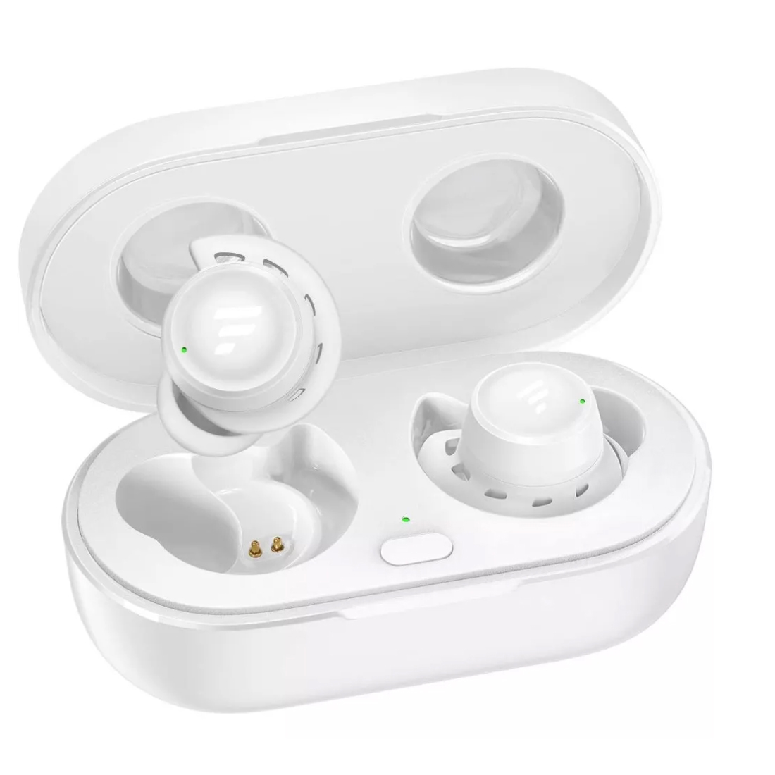White wireless earbuds with silicone tips in an open charging case, showing LED indicators.