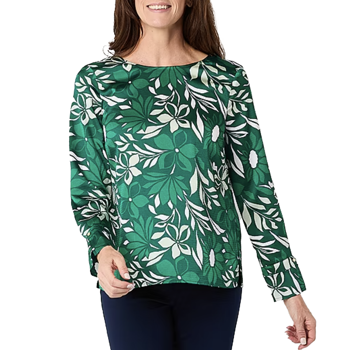Green and white floral-patterned satin blouse with long sleeves and a round neckline, featuring a relaxed, elegant design.