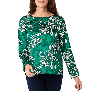 Green and white floral-patterned satin blouse with long sleeves and a round neckline, featuring a relaxed, elegant design.