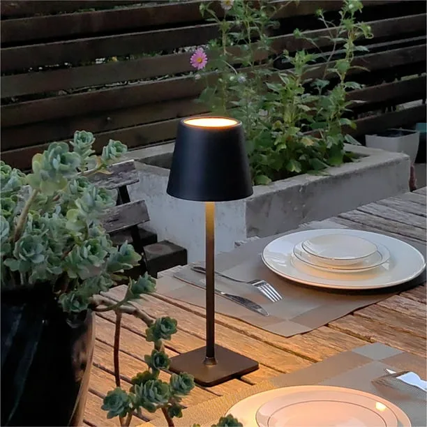 A patio scene with a slim black table lamp, a wooden table set with white dinnerware and silverware, and potted plants in the background.