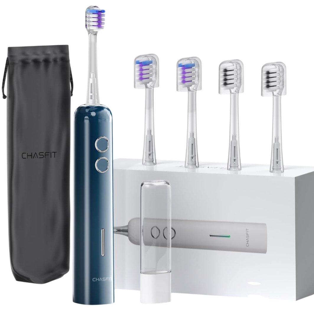 Electric toothbrush set with five replacement heads, a travel case, and a branded storage bag.