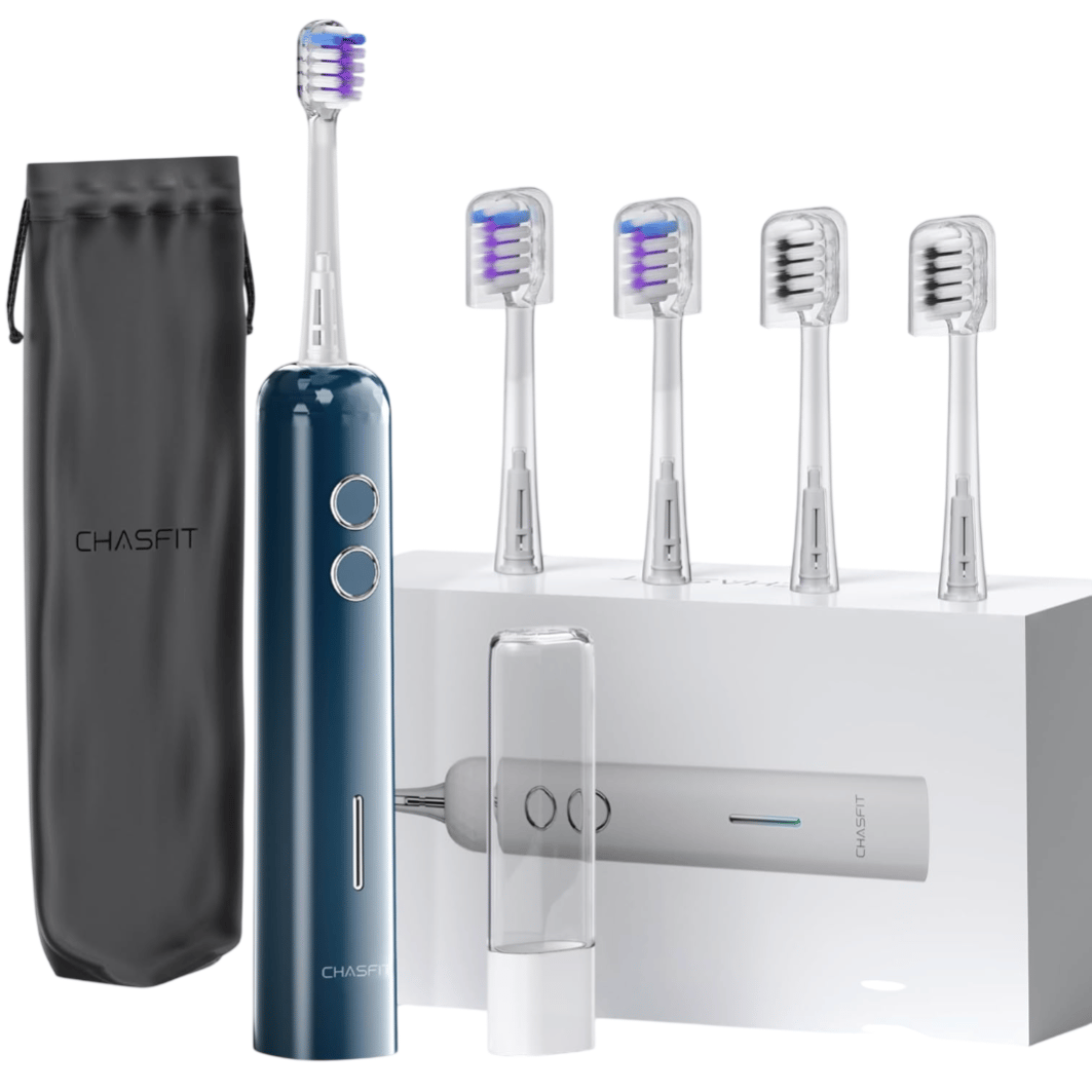 Electric toothbrush set with five replacement heads, a travel case, and a branded storage bag.