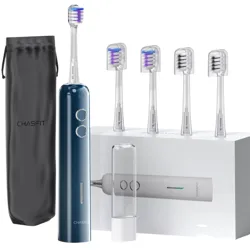 Electric toothbrush set with five replacement heads, a travel case, and a branded storage bag.