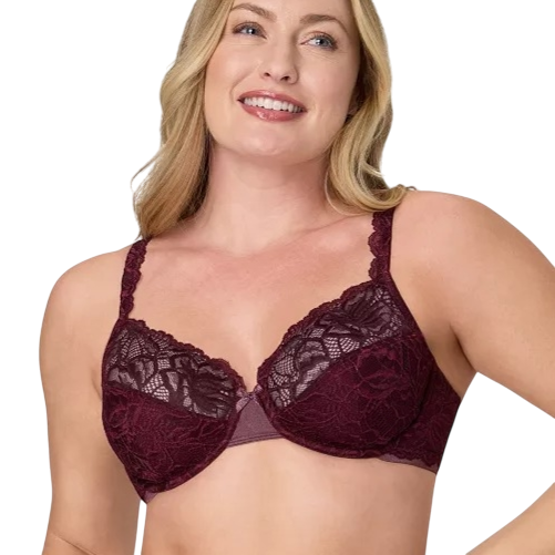 A woman is wearing a burgundy lace bra with adjustable straps, featuring detailed floral patterns and underwire support.