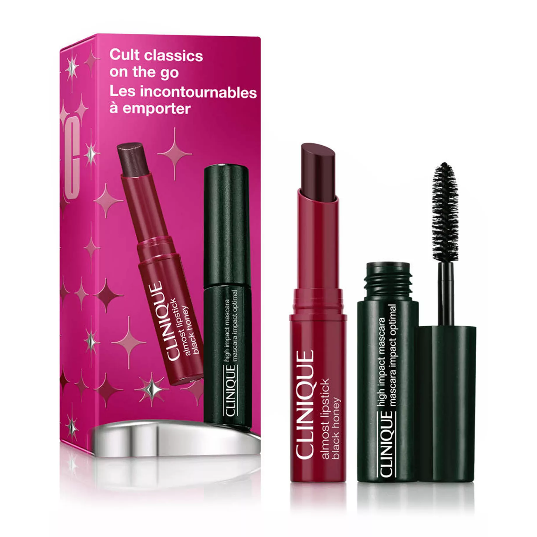 Clinique \“Cult Classics on the Go\“ set includes Almost Lipstick in Black Honey and High Impact Mascara.