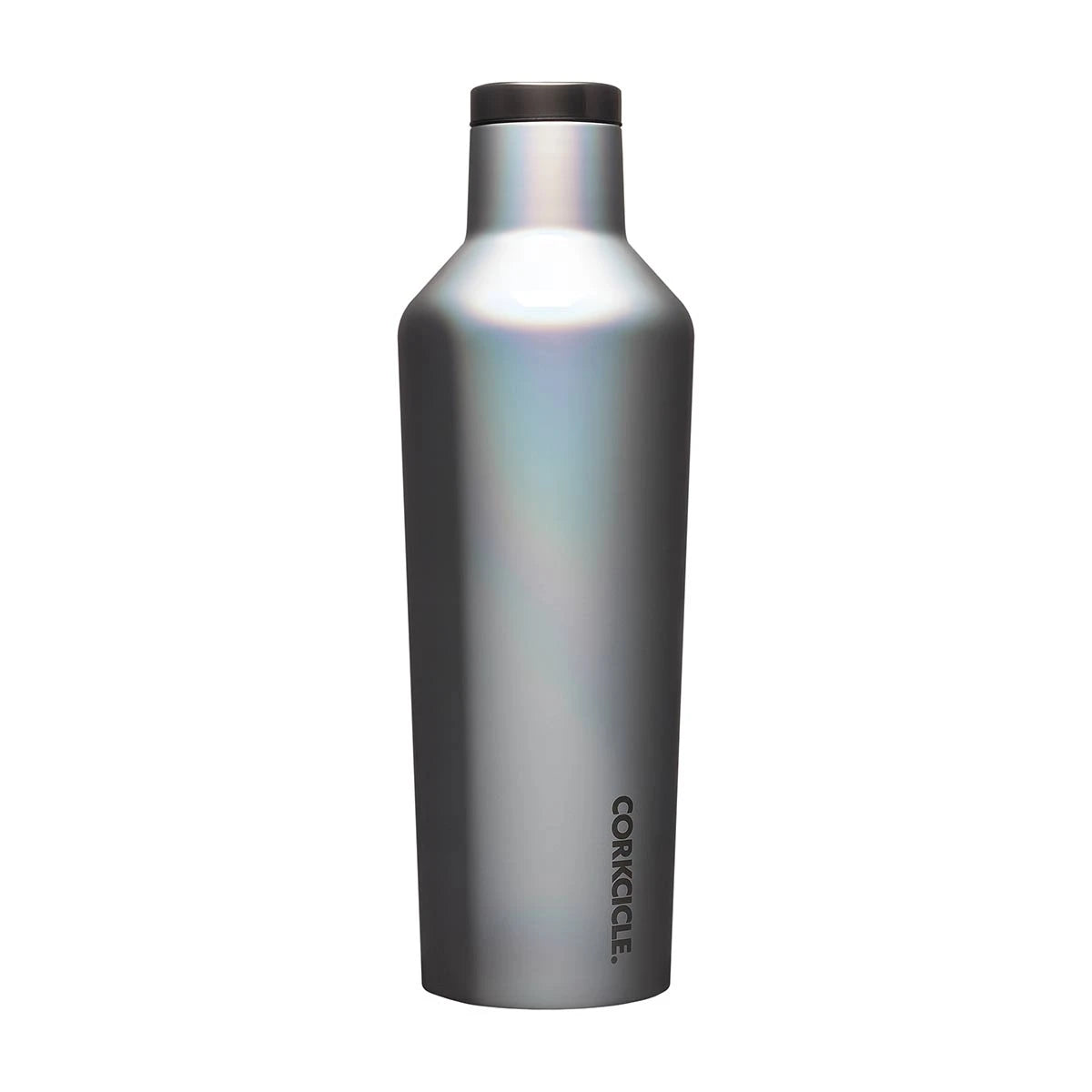 A sleek, metallic-finished bottle with a tapered neck and the Corkcicle logo near the bottom. It's designed for triple insulation to maintain beverage temperature.