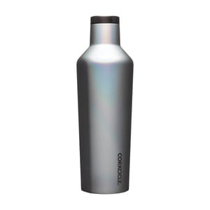 A sleek, metallic-finished bottle with a tapered neck and the Corkcicle logo near the bottom. It's designed for triple insulation to maintain beverage temperature.