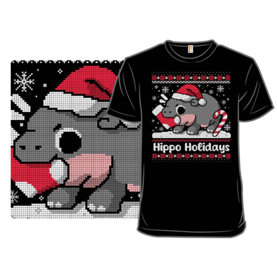 Black T-shirt featuring a cute hippo wearing a Santa hat, holding a candy cane, with decorative elements and snowflakes. The text \“Hippo Holidays\“ is printed below the design, resembling a festive, pixelated holiday sweater theme.