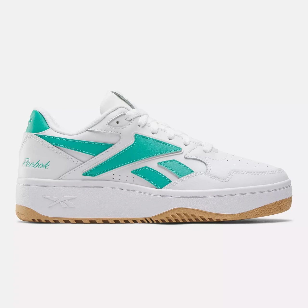 White and teal Reebok sneakers with a classic design and gum outsole.