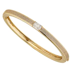A gold bangle bracelet with a central square gemstone and a band encrusted with small diamonds.