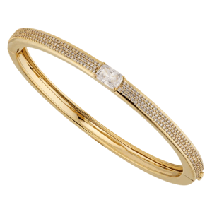 A gold bangle bracelet with a central square gemstone and a band encrusted with small diamonds.