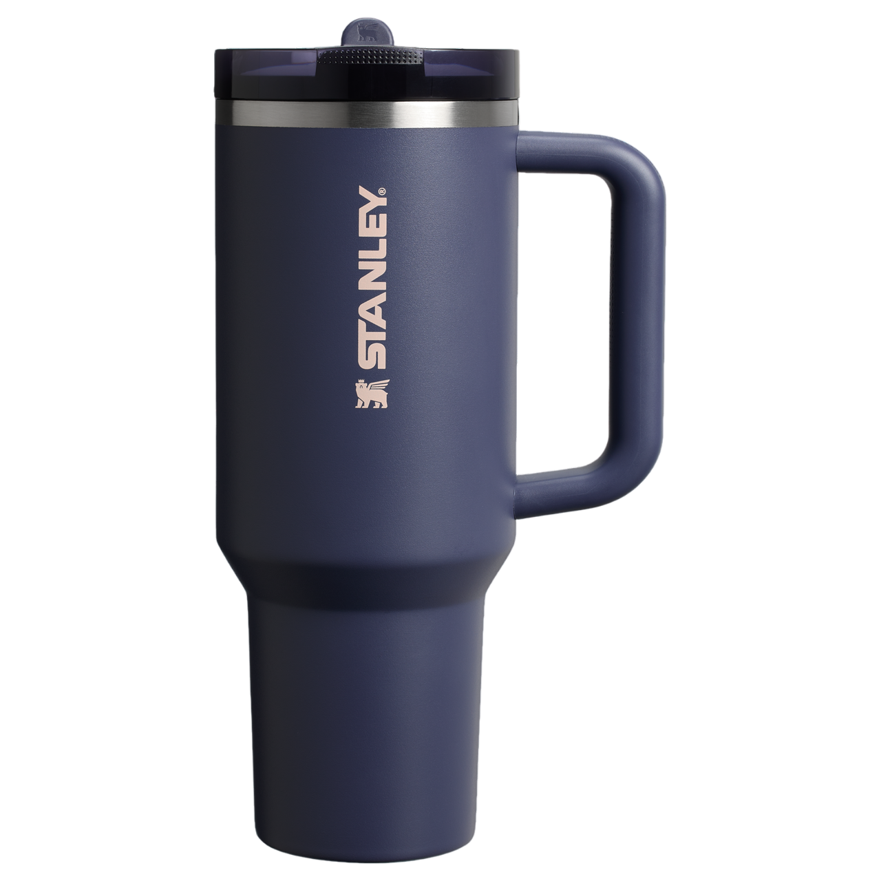 A blue Stanley travel mug with a handle and a lid, featuring the Stanley logo.