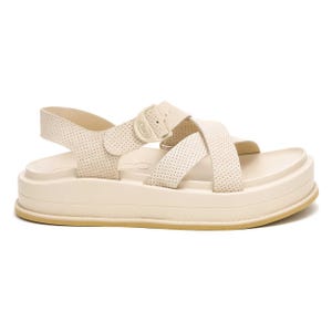 Beige Chaco Towne Sandals featuring a perforated design with adjustable straps, a cushioned footbed, and a chunky platform sole for comfort and style.