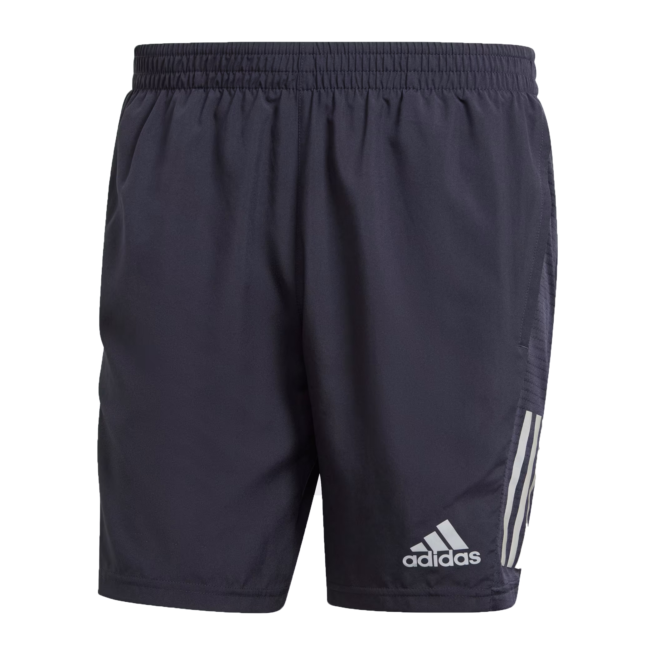 The Adidas Own the Run Shorts are navy with a relaxed fit, featuring an elastic waistband, side pockets, and the Adidas logo on the left leg. They include signature three-stripe detailing on the sides.
