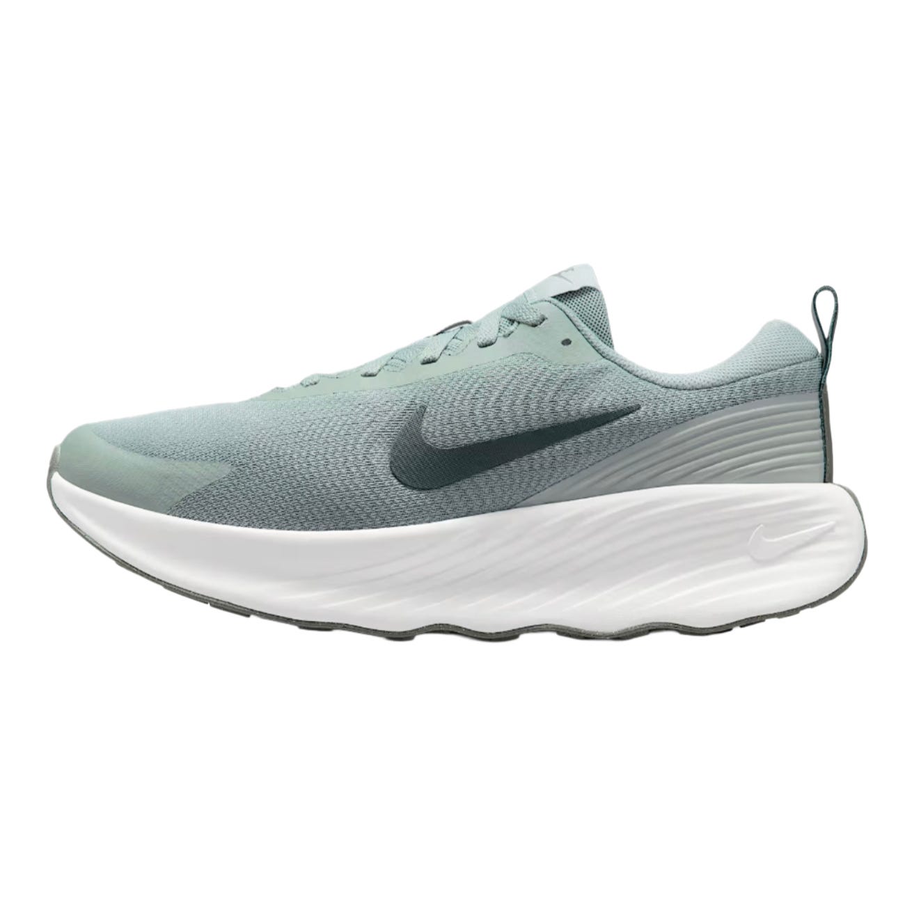 A light green athletic running shoe with a textured mesh upper, white cushioned sole, and a dark Nike Swoosh logo.