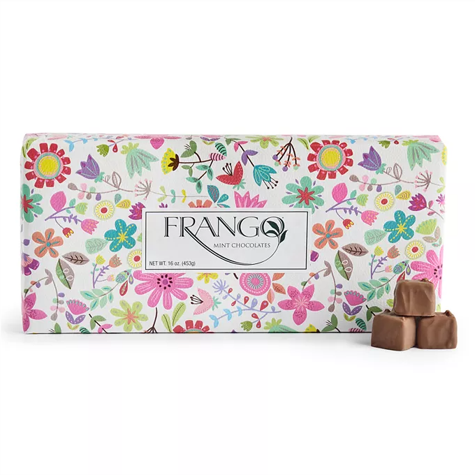 Frango Mint Chocolates in a vibrant floral-patterned box, weighing 16 oz (453g), with some chocolates shown outside the box.