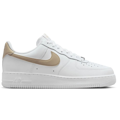 White low-top sneakers with a gold swoosh and heel tab, featuring a classic design and perforated toe box.