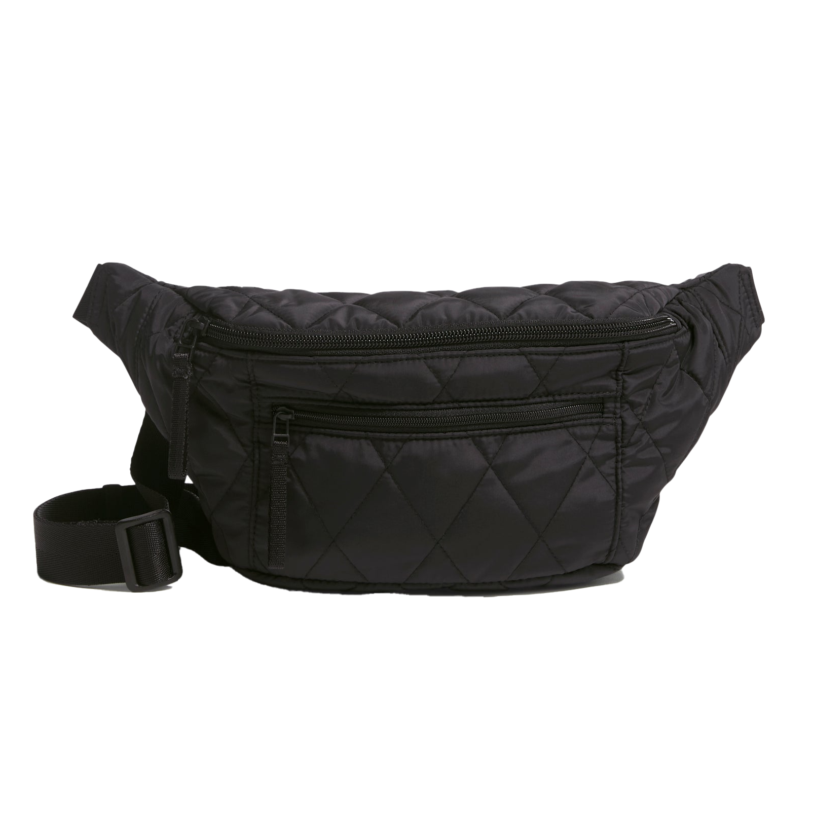 A black quilted belt bag with adjustable strap and two zippered compartments, suitable for carrying small items.