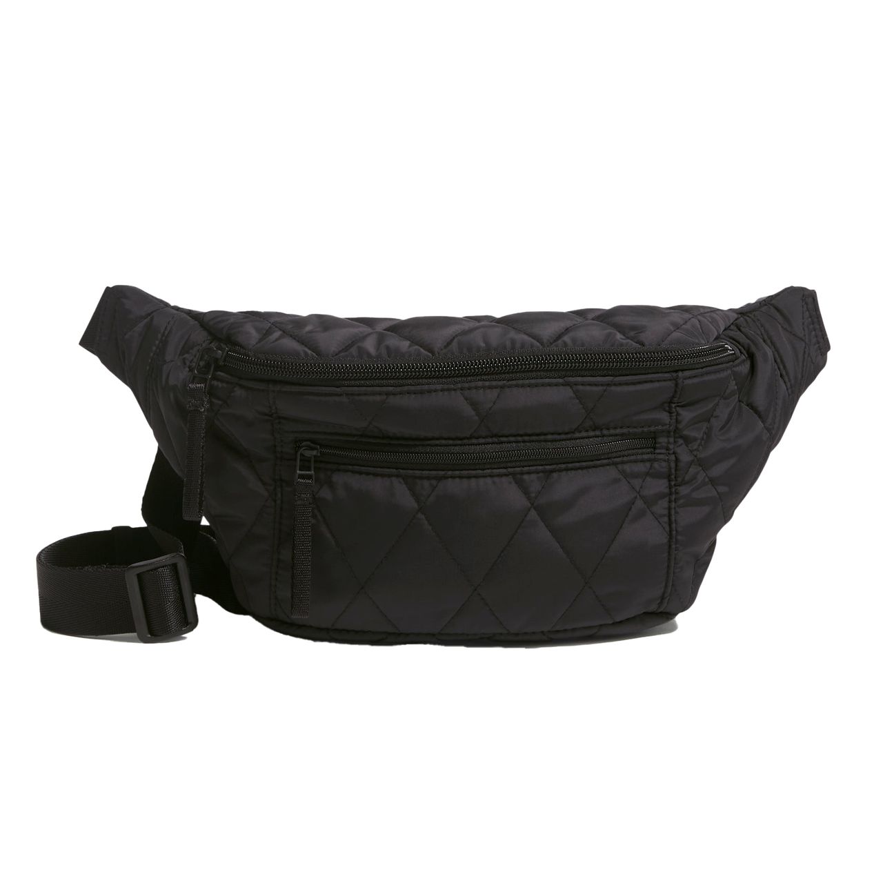 A black quilted belt bag with adjustable strap and two zippered compartments, suitable for carrying small items.