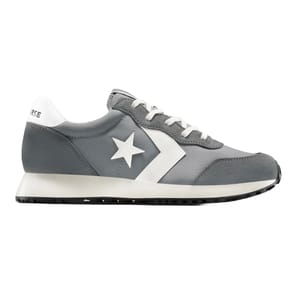 Gray and white Converse running shoe featuring a star and chevron design on the side, with a black and white sole.