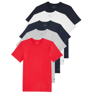 Stack of five plain T-shirts in red, grey, white, and navy blue.