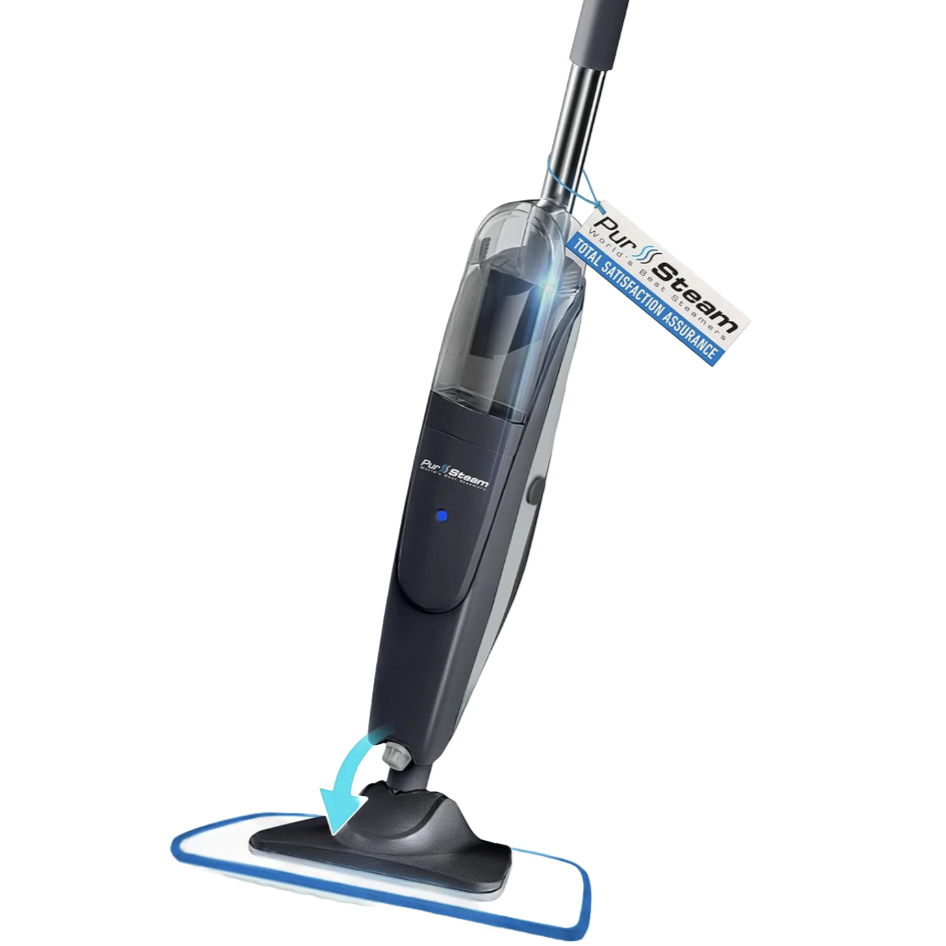 A steam mop with a slender, ergonomic design, featuring a transparent water tank and a triangular mop head with reusable pads, labeled with \“PurSteam\“ and \“Total Satisfaction Assurance.\“
