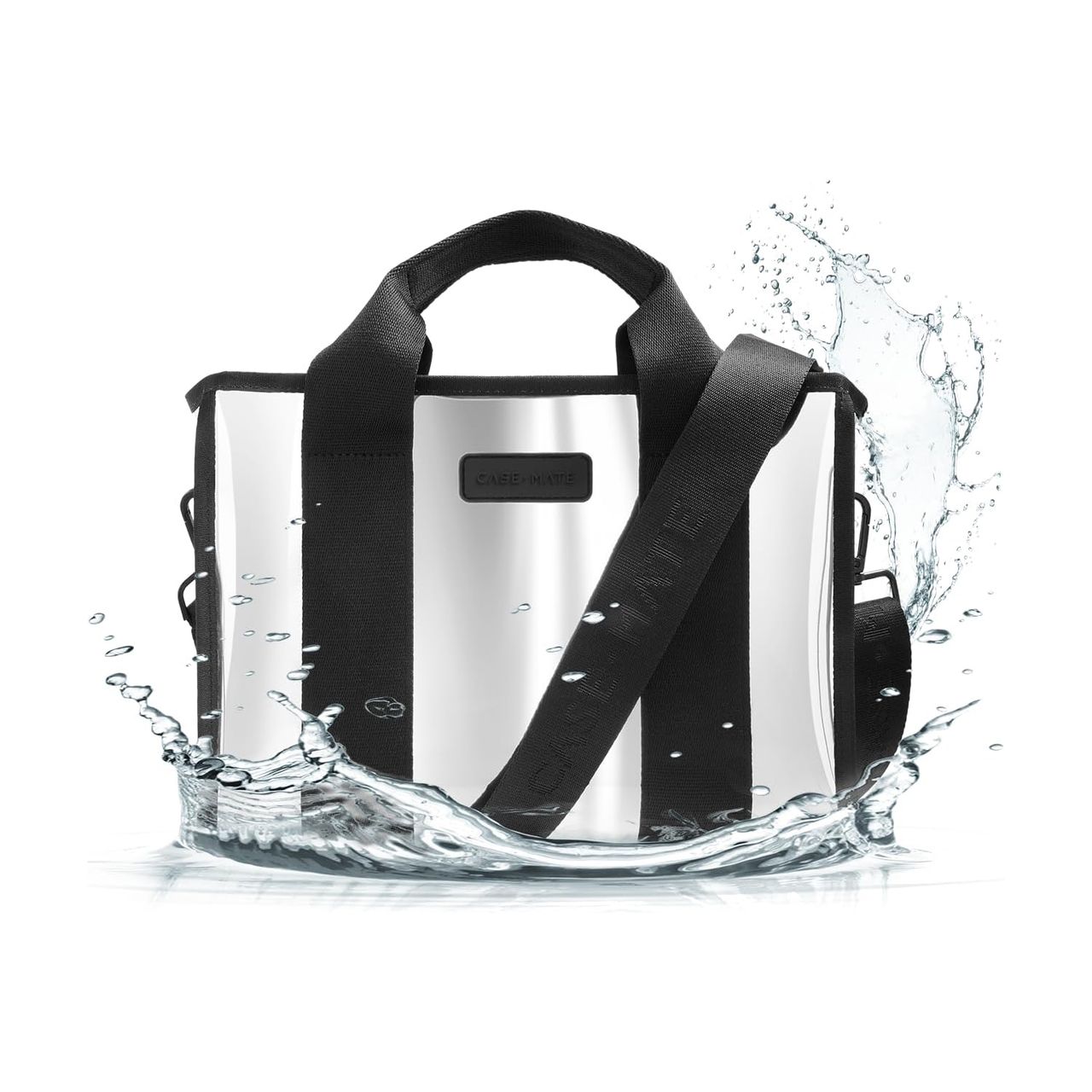 Case-Mate Mini Travel Tote is a compact, stylish bag with black straps and a splash-proof design, suitable for carrying travel essentials.