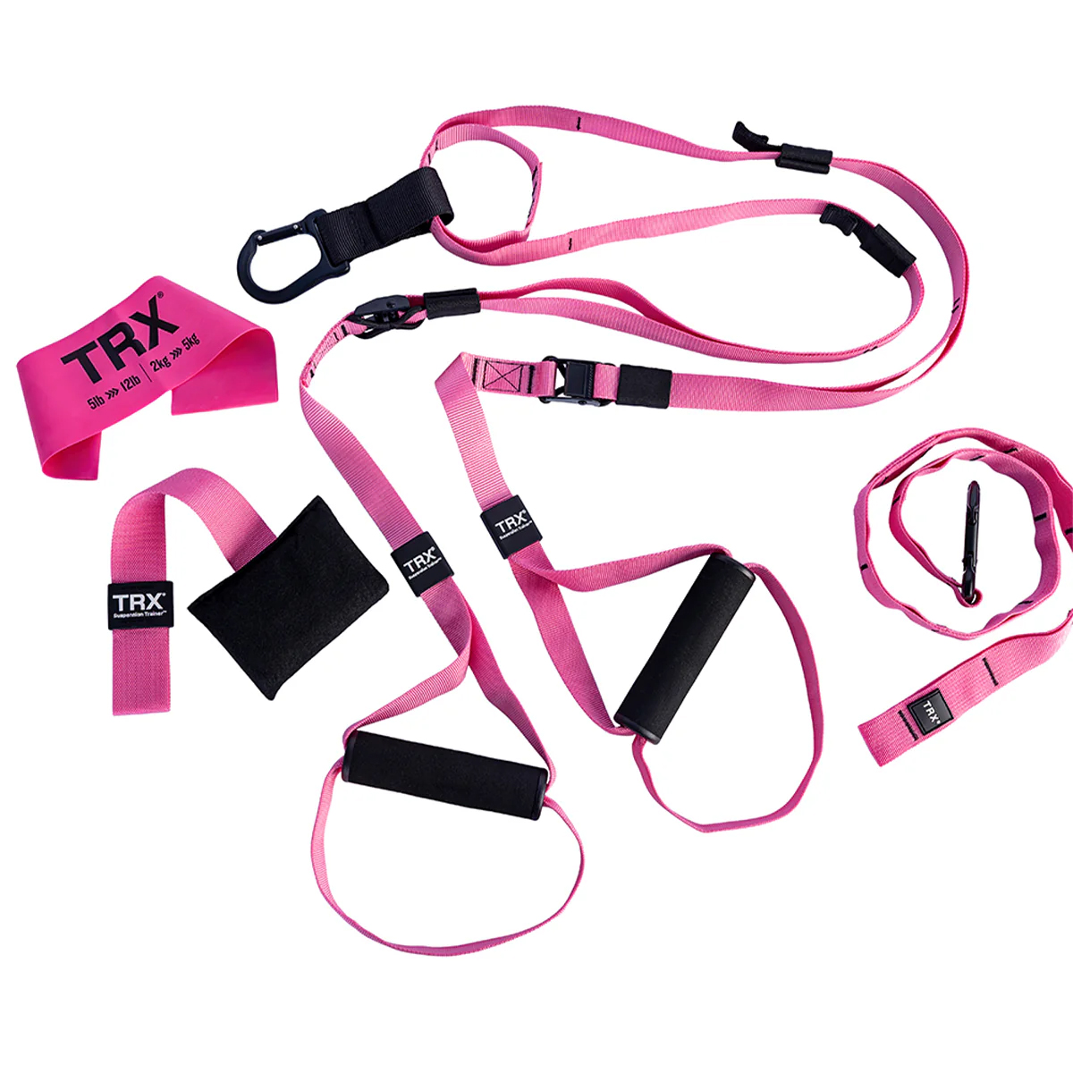 Pink TRX suspension training kit with handles, straps, carabiner, and a resistance band labeled with weight details.