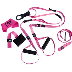 Pink TRX suspension training kit with handles, straps, carabiner, and a resistance band labeled with weight details.
