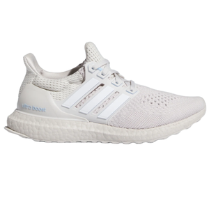 Adidas Ultraboost 1 Shoes in white feature a knitted upper with three stripes on the side and a Boost midsole for cushioning. The design includes a flexible sole and a branded heel.